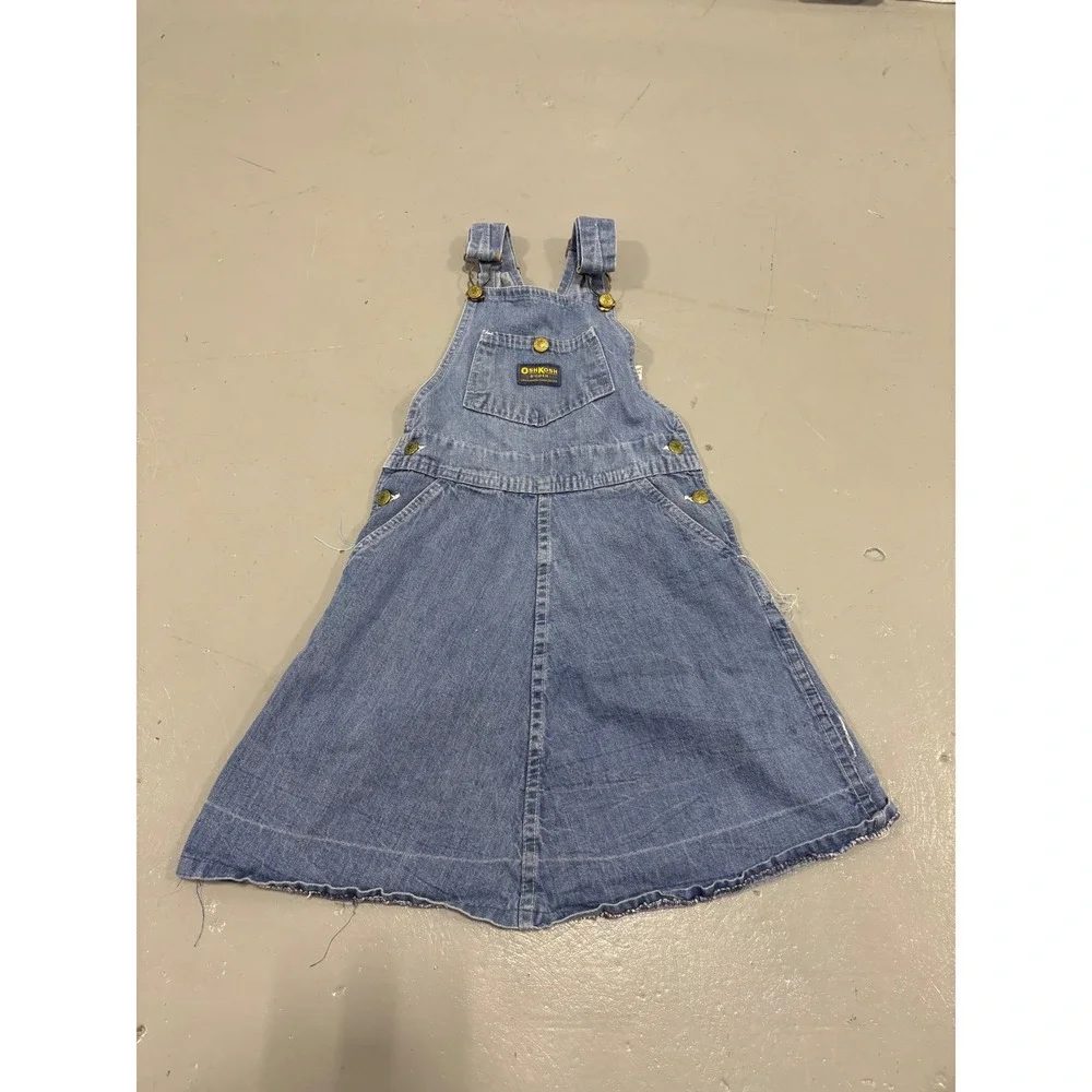 Vintage OshKosh Bgosh Kids Denim Overall Dress Vestbak Blue Pinafore 24in Long